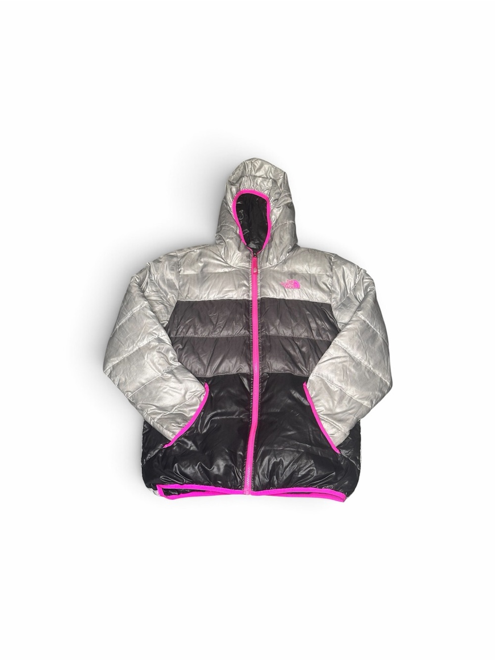 The North Face Kids Silver, Gray & Black Puffer Jacket with Pink Trim
